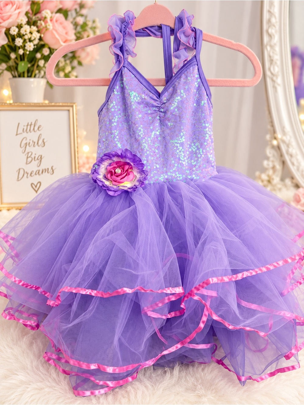 Weissman Purple Sequin Tutu Dress with Pink Floral Accent